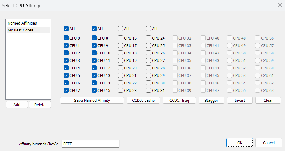 CPU affinity window with per-core selection checkboxes