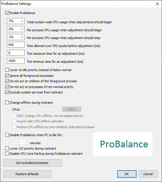 ProBalance options screen with CPU limits and exclusion list